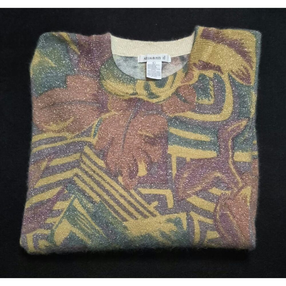 Vintage Susann D Angora Lambswool Metallic Sweater Women’s L Abstract Floral